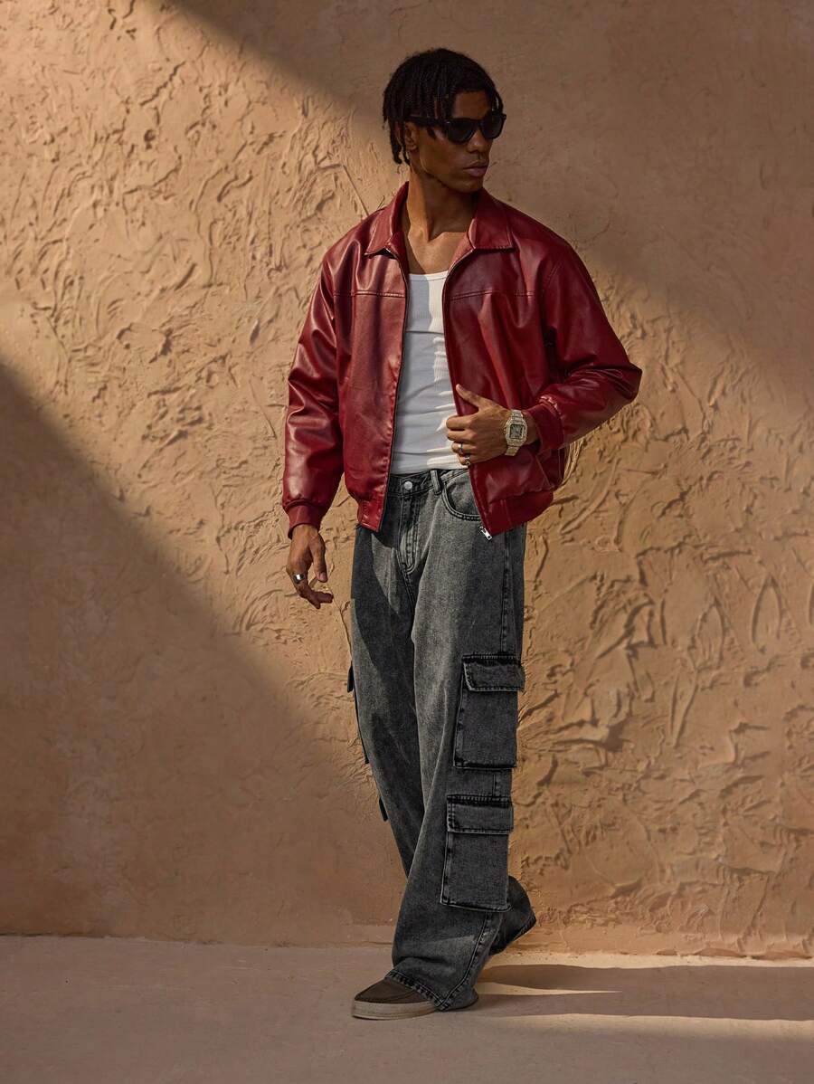 Vince Veste Homme Similicuir Rot – Moderne Reißverschlussjacke mit fallenden Schultern Urbaner Stil