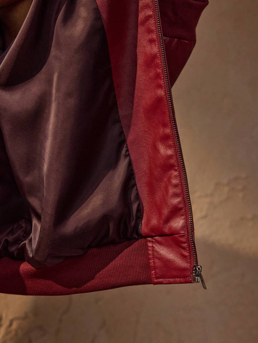Vince Veste Homme Similicuir Rot – Moderne Reißverschlussjacke mit fallenden Schultern Urbaner Stil