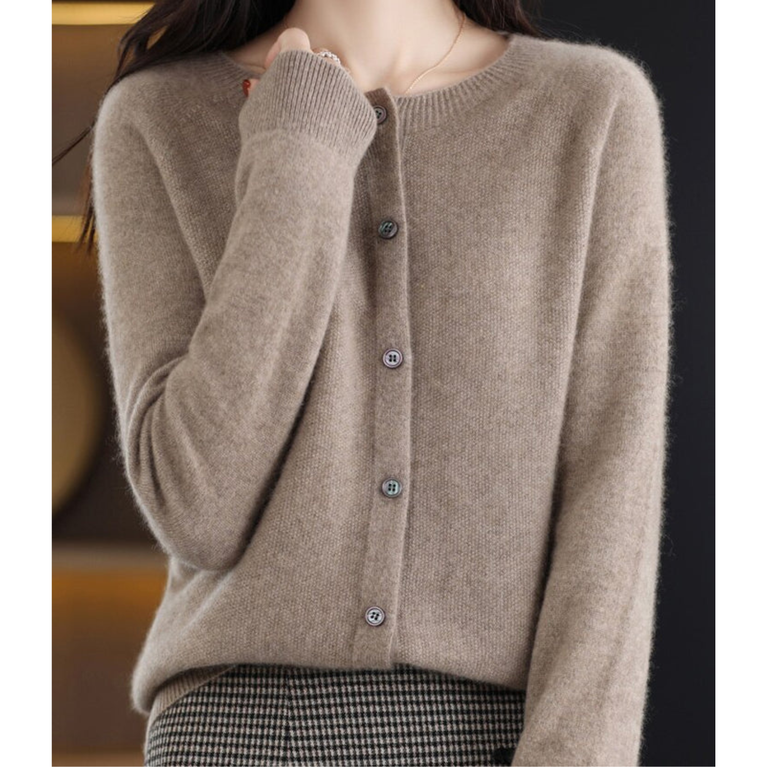 Mercy Cardigan Femme – Gilet Élégant en Laine Mérinos & Cachemire Doux à Col Rond