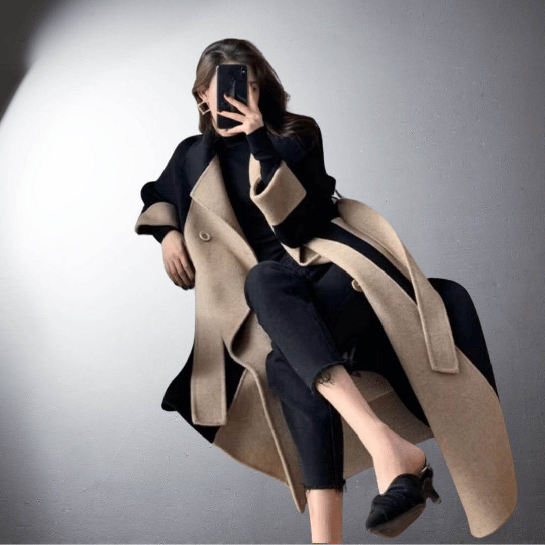 Tanya Manteau Femme – Coupe Dreaptă Bicoloră cu Închidere Față & Lungime Midi-Șold Iarnă