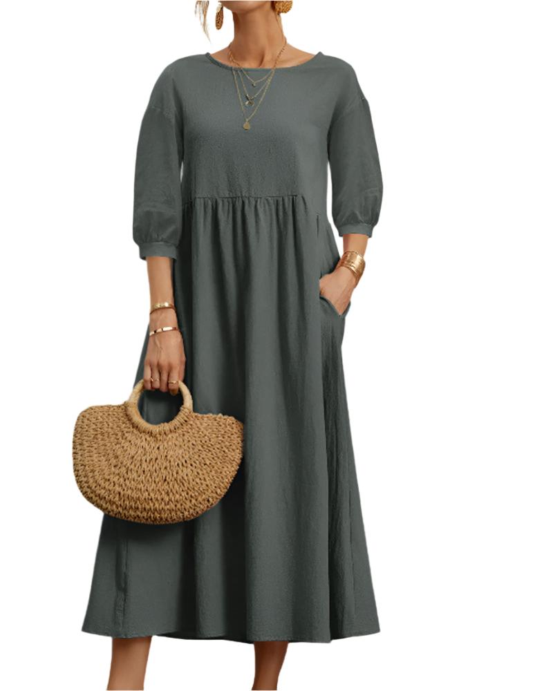 Flore Robe Midi Femme – Baumwolle Leinen Atmungsaktiv, Rundhalsausschnitt, Laternenärmel, Sommerlicher Komfort
