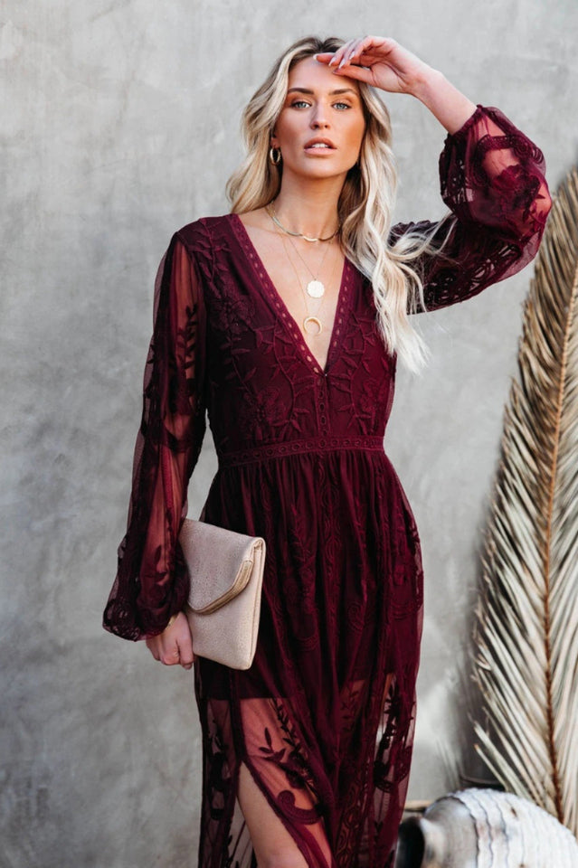 Delilah Rochie Lungă Femei – Rochie Boemă de Vară cu Dantelă, Decolteu în V Adânc & Fenta Înaltă
