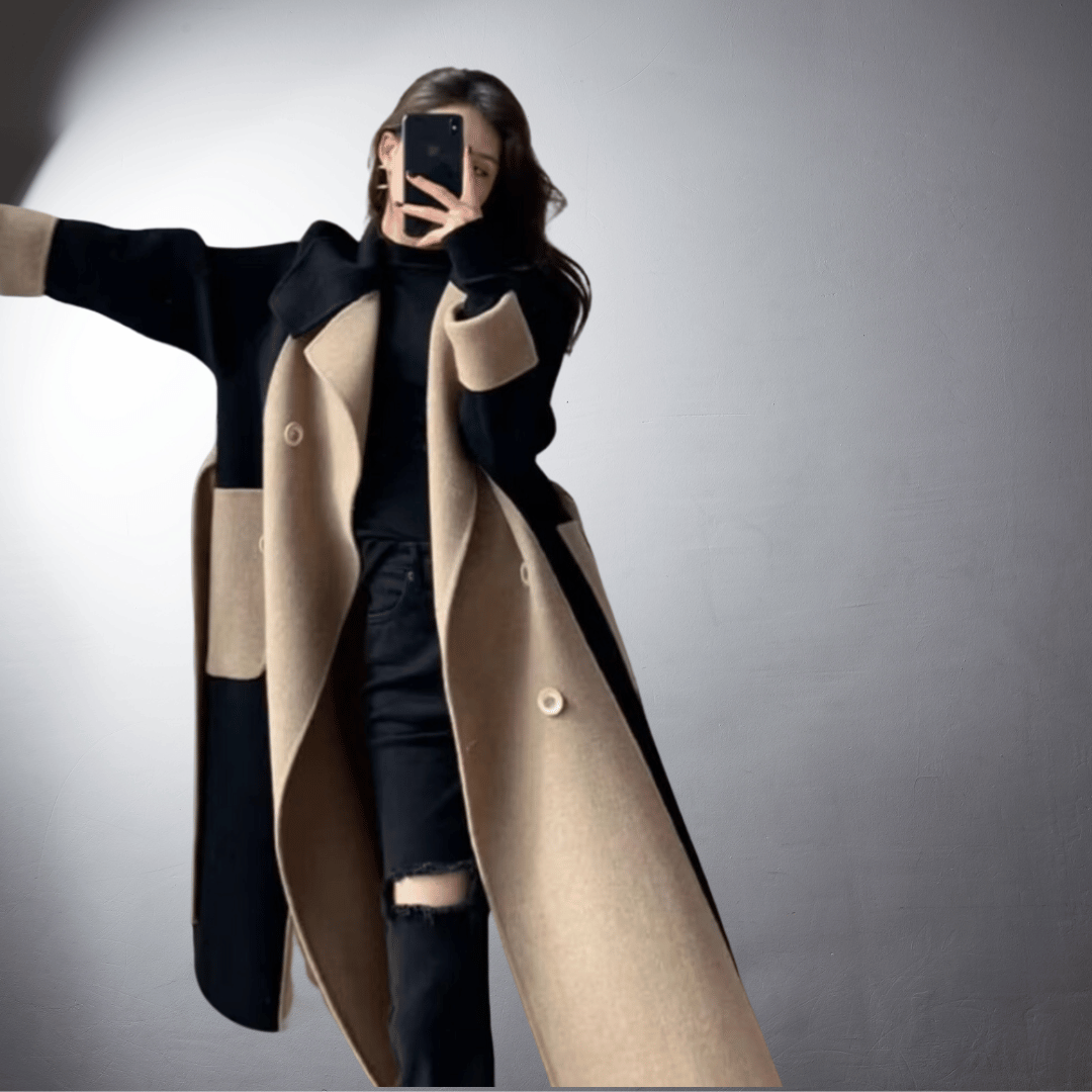Tanya Manteau Femme – Coupe Dreaptă Bicoloră cu Închidere Față & Lungime Midi-Șold Iarnă