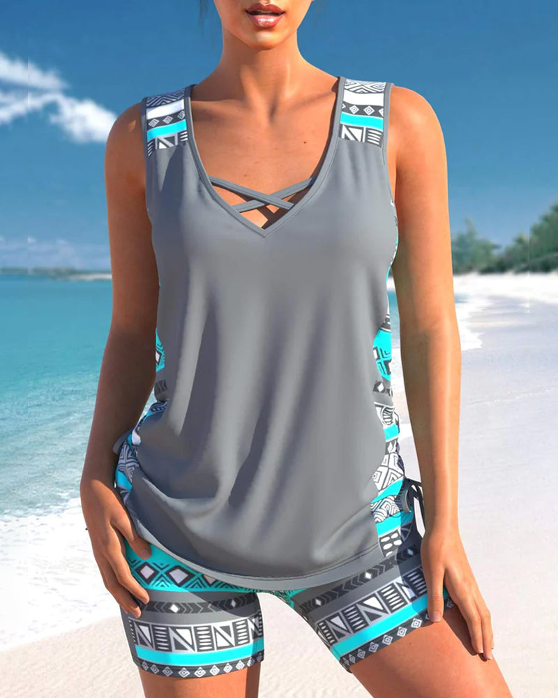 Bienna Tankini Femme – Design Géométrique avec Couvrance Totale & Coupe Confortable