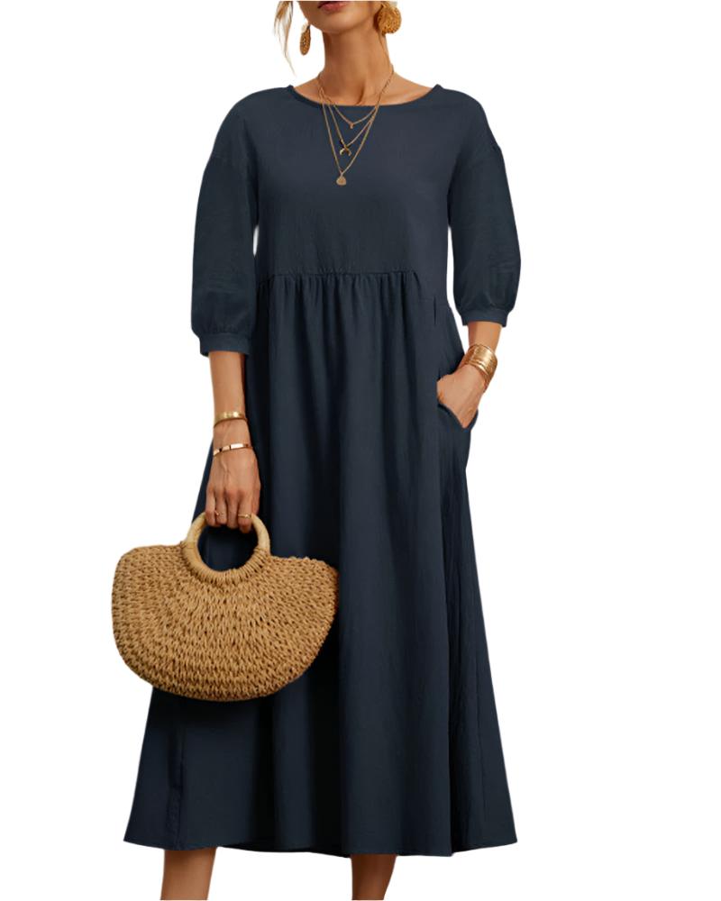 Flore Robe Midi Femme – Baumwolle Leinen Atmungsaktiv, Rundhalsausschnitt, Laternenärmel, Sommerlicher Komfort