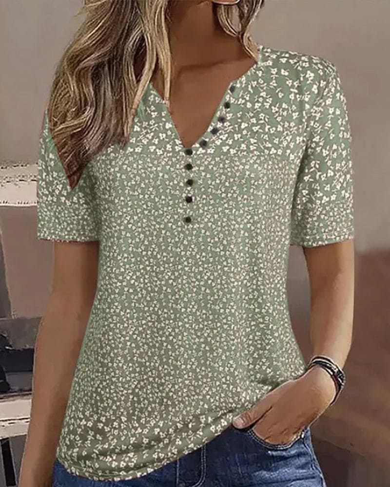 Top d’Été Femme Naomi – T-shirt med blomsterprint med korte ærmer & behagelig stretch pasform