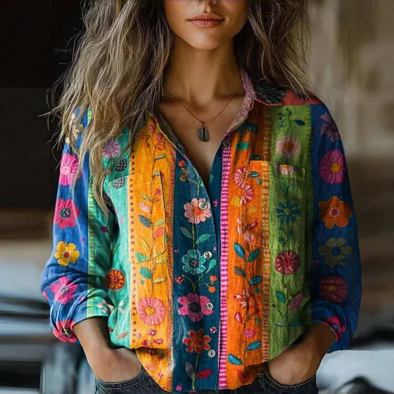 Blusa Mira Vintage Femme – Blusa Aérée con Estampado Étnico, Cuello con Solapa y Mangas Largas