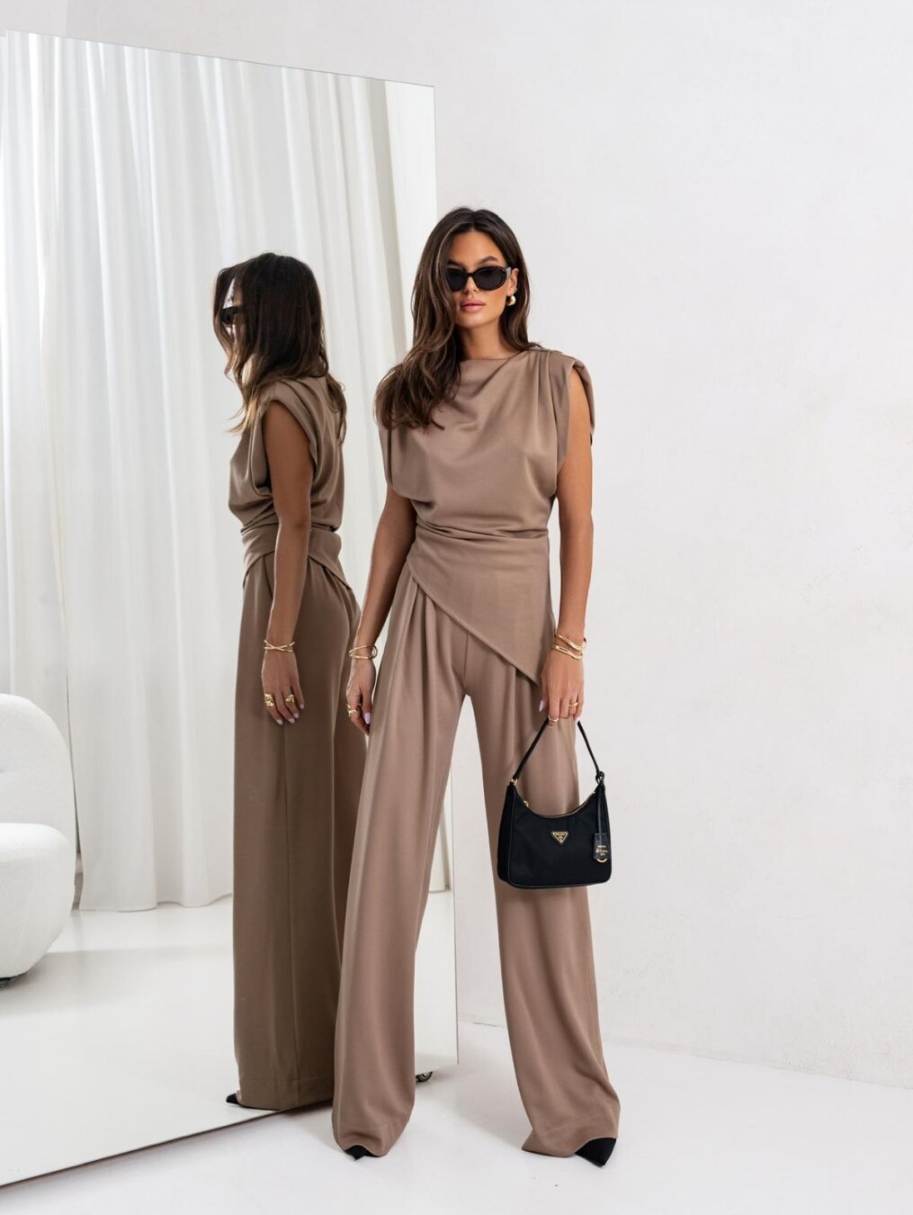 Vivine Ensemble Deux Pièces Femme – Halenka Drapé a Široké Kalhoty s Elegantním Střihem