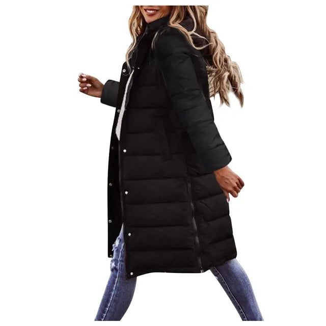 Evie Doudoune Longue Femme – Manteau Hiver Chaud avec Capuche & Coupe Élancée Légère
