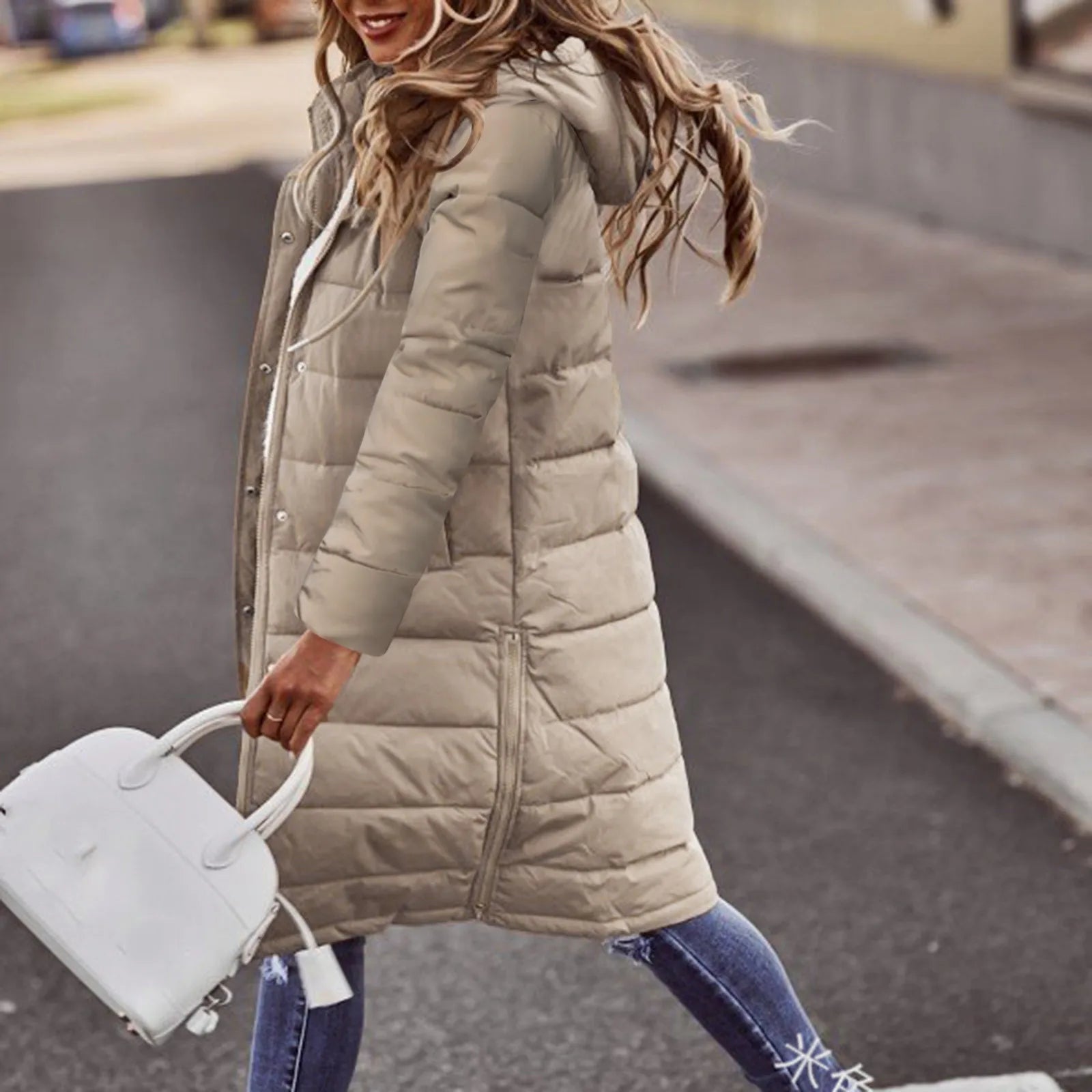 Evie Doudoune Longue Femme – Manteau Hiver Chaud avec Capuche & Coupe Élancée Légère