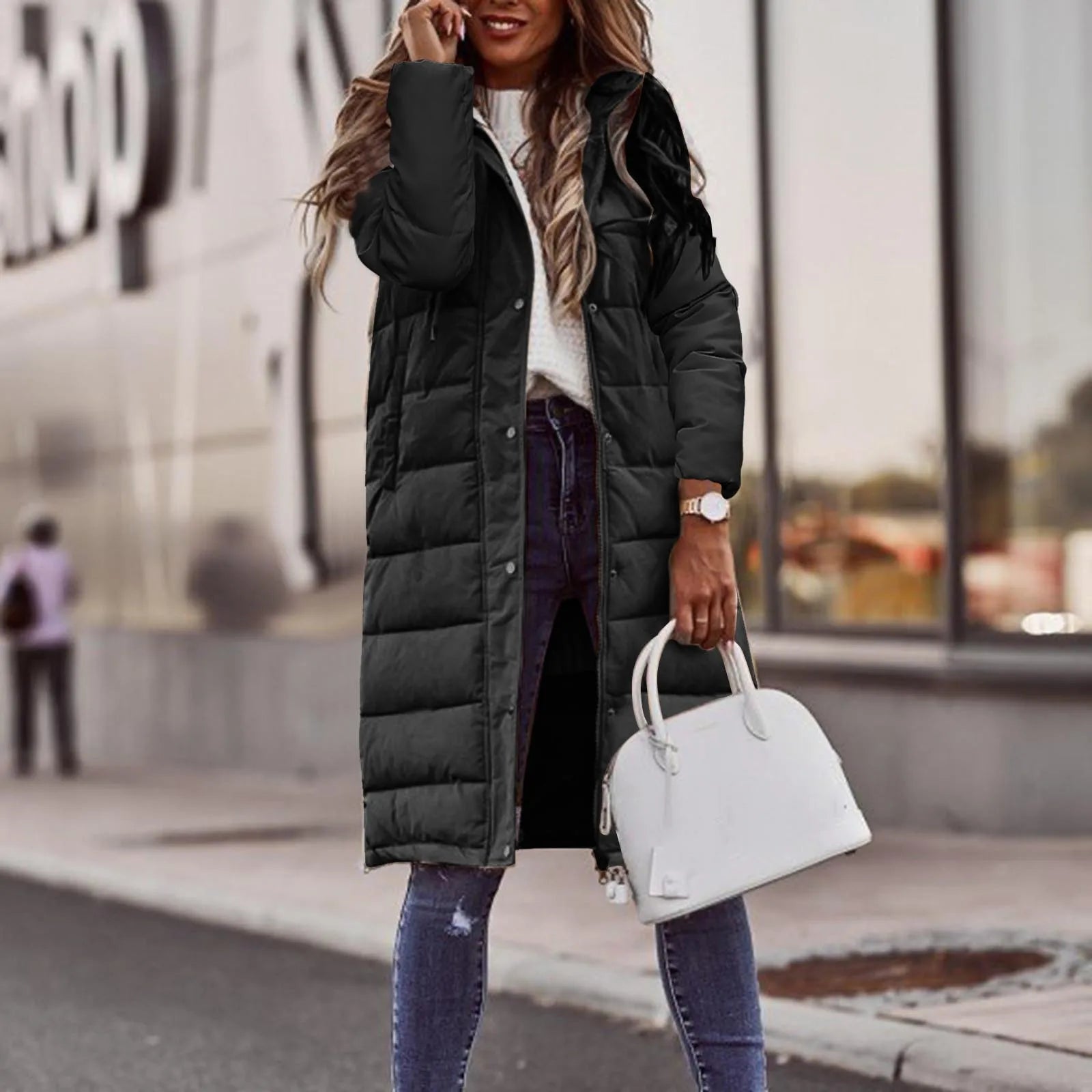 Evie Doudoune Longue Femme – Manteau Hiver Chaud avec Capuche & Coupe Élancée Légère