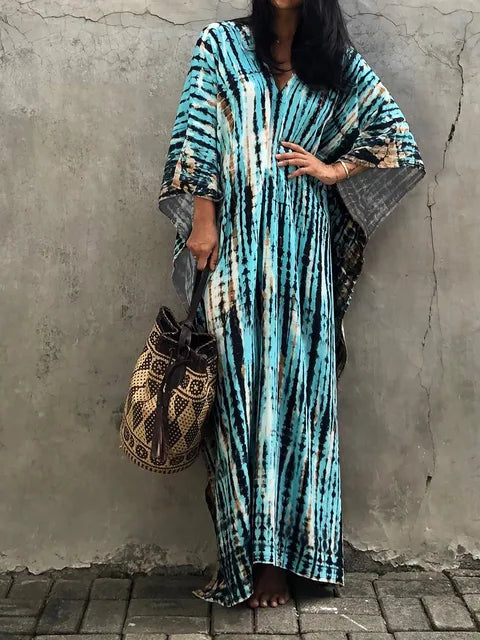 Camille Robe Kaftan Femme - Total længde, løs pasform, V-hals - Boheme Tie-Dye stil til sommeren