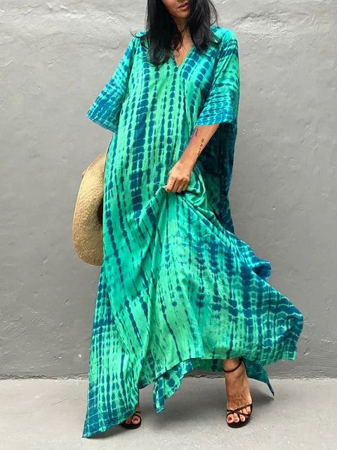 Camille Robe Kaftan Femme - Total længde, løs pasform, V-hals - Boheme Tie-Dye stil til sommeren