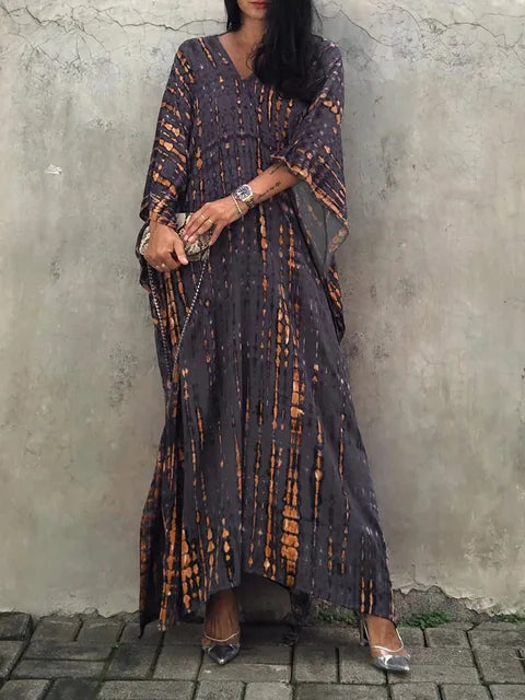 Camille Robe Kaftan Femme - Total længde, løs pasform, V-hals - Boheme Tie-Dye stil til sommeren