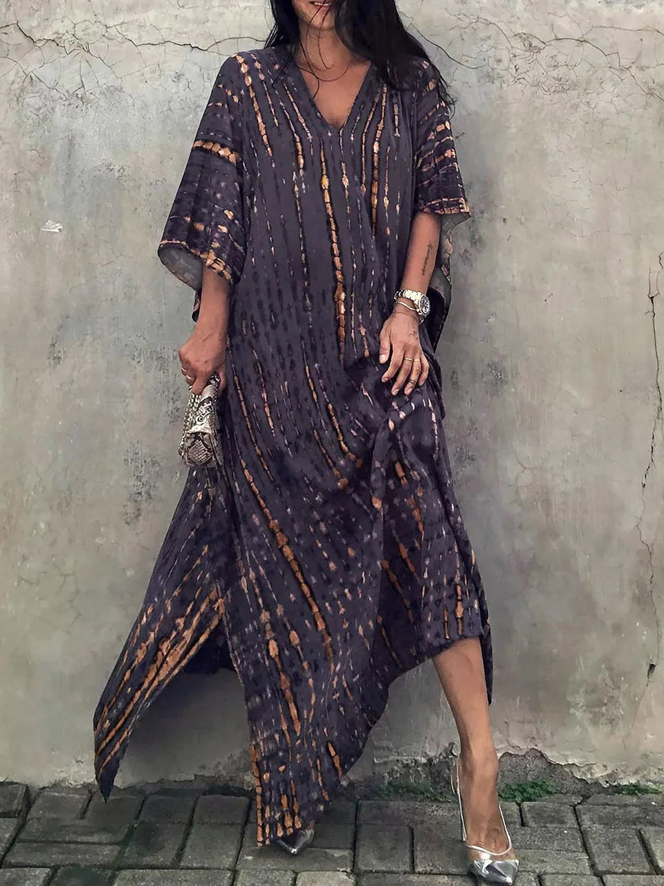 Camille Robe Kaftan Femme - Total længde, løs pasform, V-hals - Boheme Tie-Dye stil til sommeren