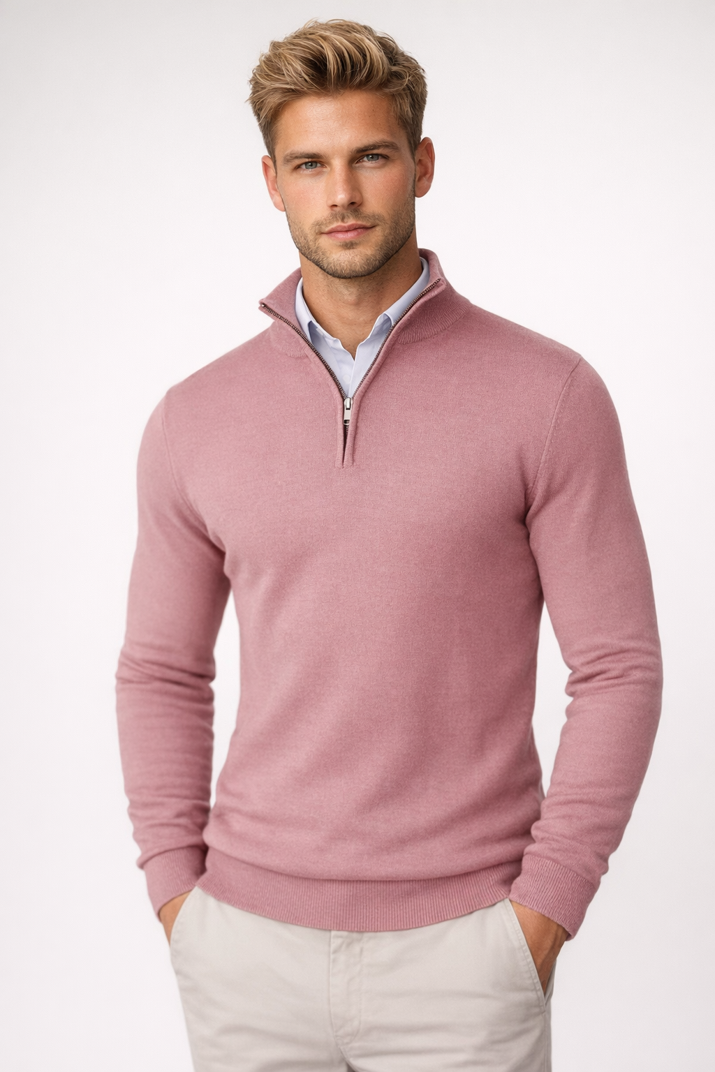 Killian Herre Trøje med Halv Lynlås – Høj Krave, Blødt Strik & Smart-Casual Stil