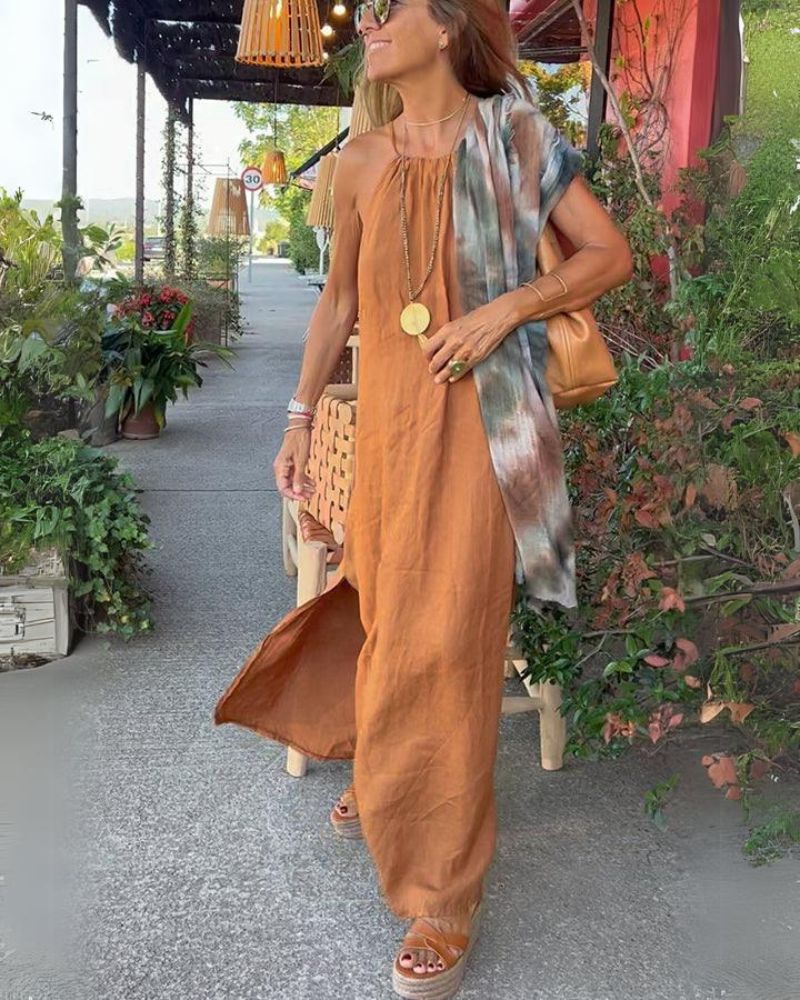 Viela Lange Damesjurk – Elegante Open Rug in Linnen Katoen voor een Chique & Luchtige Look