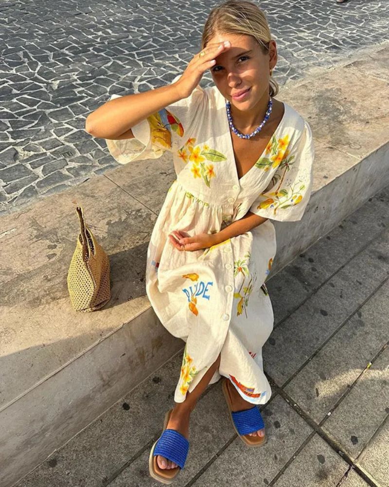 Vestido de Linho para Mulher Ara – Vestido de Verão Midi com Estampa Colorida e Corte Largo Descontraído