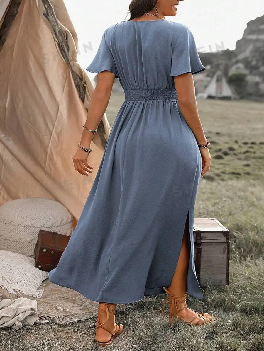 Sukienka maxi Vanessa dla kobiet – długa czarna sukienka z marszczeniami w talii i eleganckim, luźnym krojem