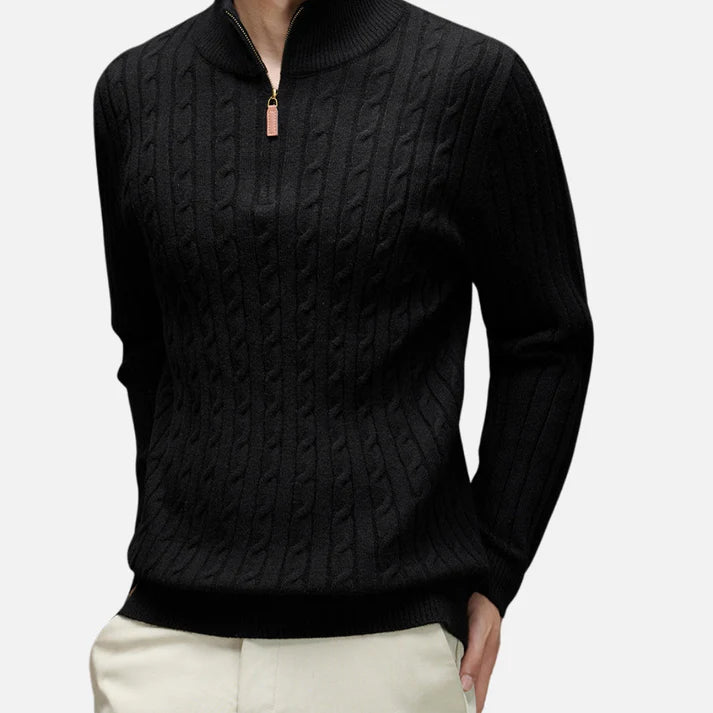 Camisola Quente com Gola Polo e Fecho de Meio Zíper em Malha Canelada para Homens