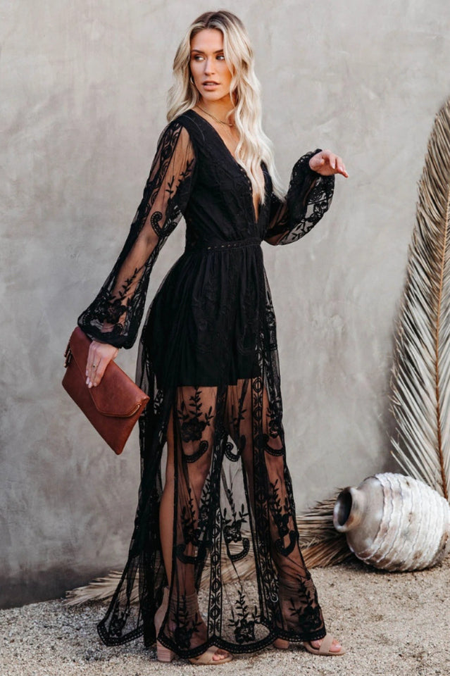 Delilah Rochie Lungă Femei – Rochie Boemă de Vară cu Dantelă, Decolteu în V Adânc & Fenta Înaltă