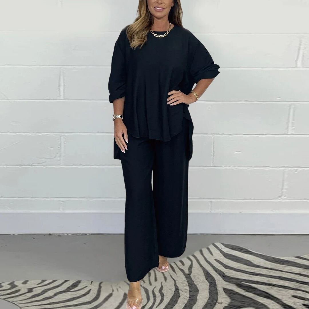 Summer Set Woman Skyler – Elegant Short Sleeve Top & Wide Leg Pants in Airy Fabric