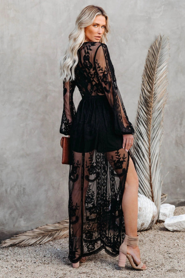 Robe Longue Femme Nemia – Robe Bohème Blanche en Dentelle avec Décolleté Plongeant & Fente Haute