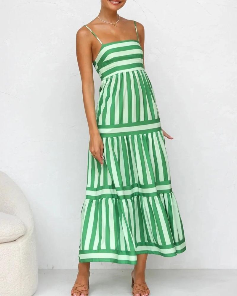 Vestido de Verão Mulher Viera – Vestido às Riscas com Alças Ajustáveis, Bolsos e Saia em Camadas