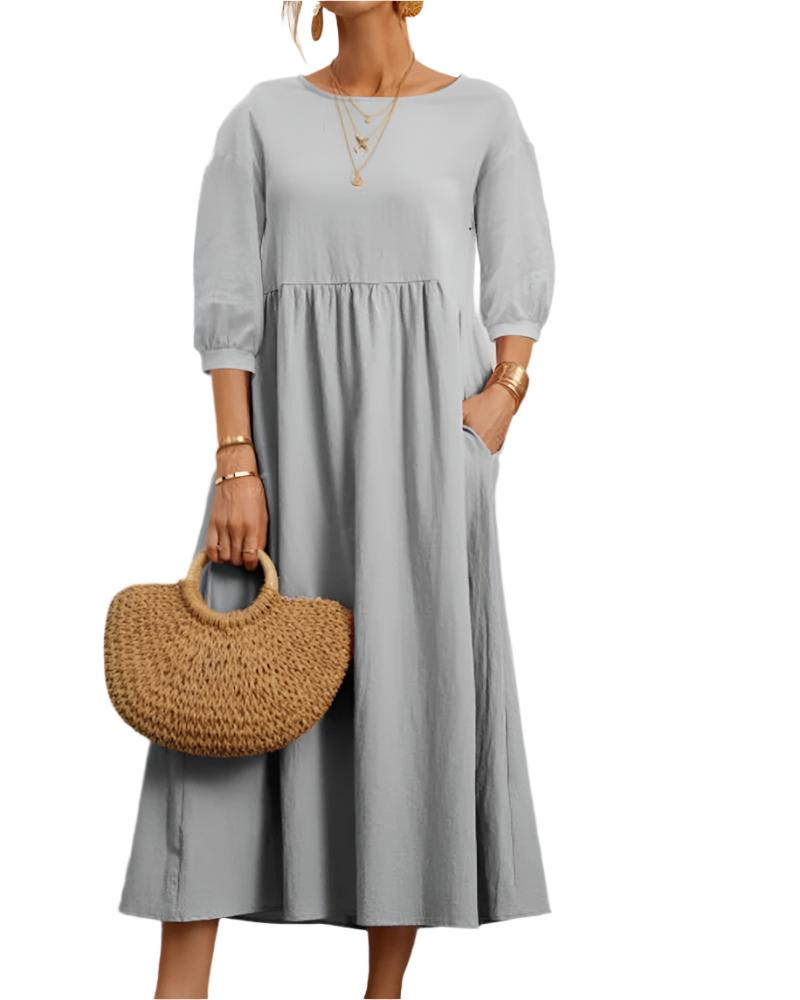 Flore Robe Midi Femme – Baumwolle Leinen Atmungsaktiv, Rundhalsausschnitt, Laternenärmel, Sommerlicher Komfort