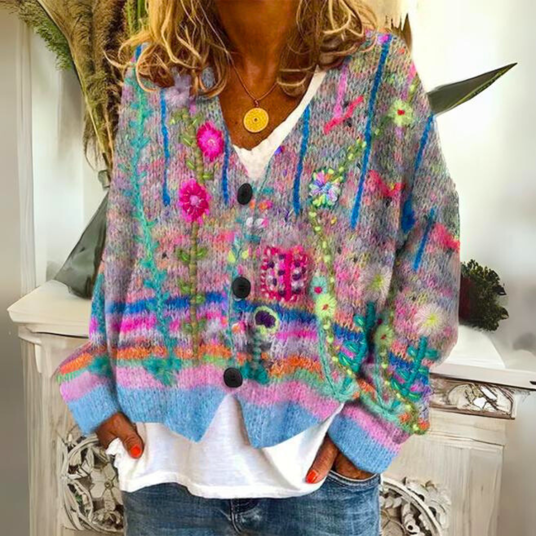 Elisa Cardigan Bohème – mehrfarbiger Cardigan mit Blumenstickerei und weiter Passform