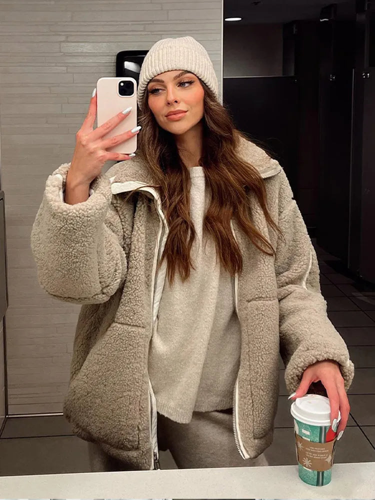 Fely Teddy Jas Dames – Warme Oversized Jas met Hoge Kraag & Ultra Zacht Stof