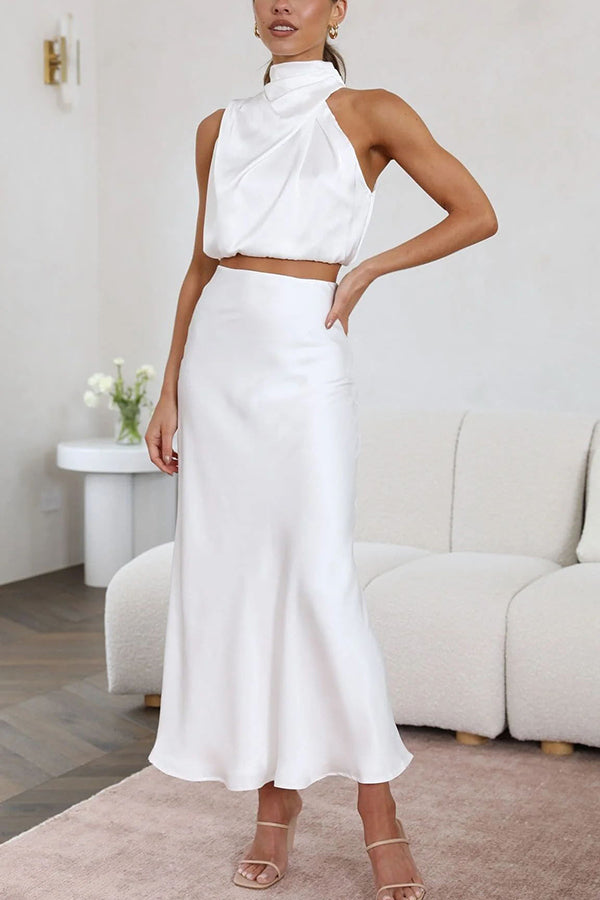 Annie Ensemble Satin Femme – Set Elegant 2 Piese cu Bluza cu Mâneci Lungi & Pantalon Talie Înaltă Fluidă
