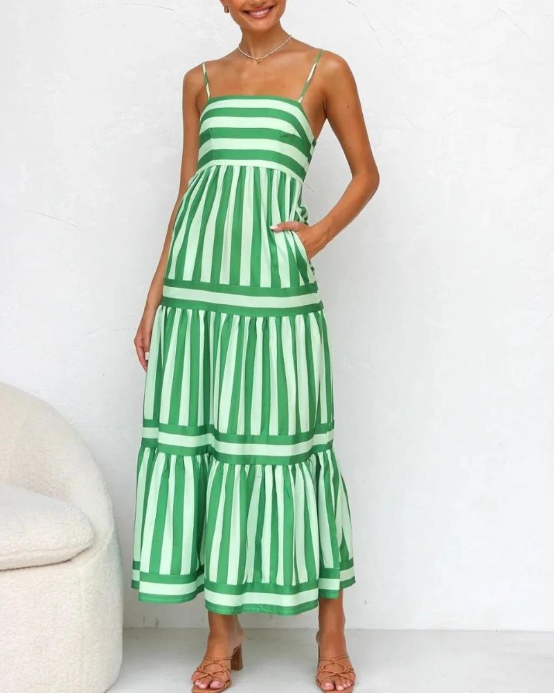 Vestido de Verão Mulher Viera – Vestido às Riscas com Alças Ajustáveis, Bolsos e Saia em Camadas