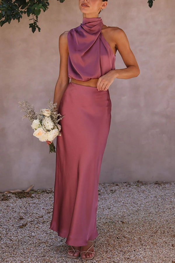 Annie Ensemble Satin Femme – Set Elegant 2 Piese cu Bluza cu Mâneci Lungi & Pantalon Talie Înaltă Fluidă