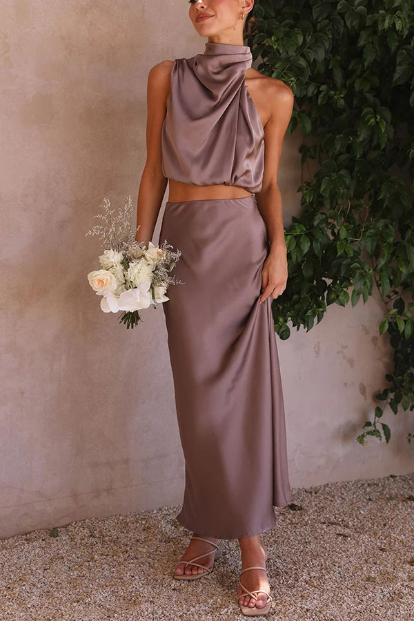 Annie Ensemble Satin Femme – Set Elegant 2 Piese cu Bluza cu Mâneci Lungi & Pantalon Talie Înaltă Fluidă