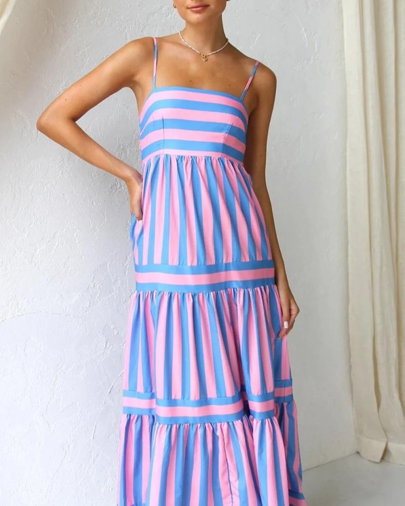 Vestido de Verão Mulher Viera – Vestido às Riscas com Alças Ajustáveis, Bolsos e Saia em Camadas