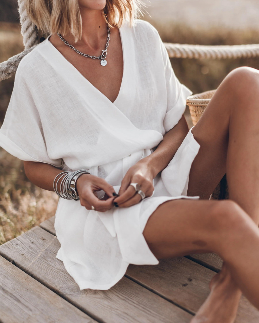 Kimono-jurk Dames Anny – Lichtzomerse Linnen Jurk met Wijde Mouwen & Wildprint