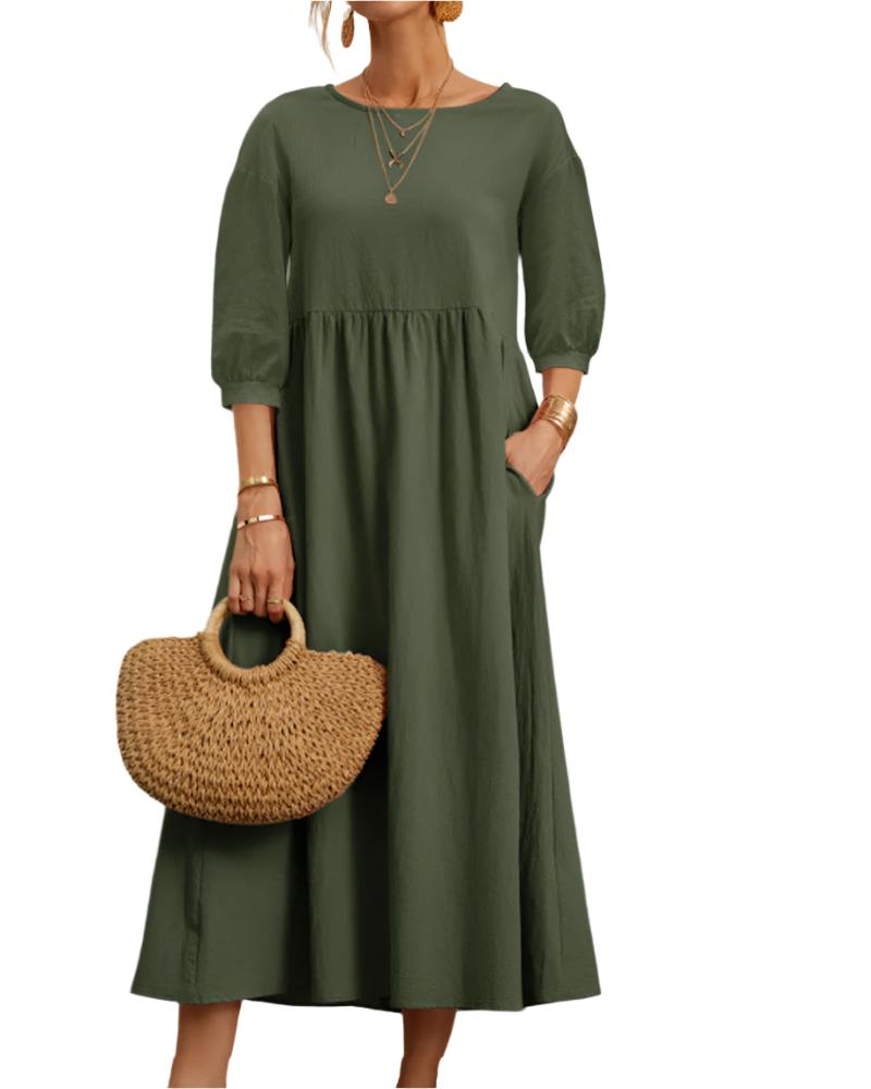 Flore Robe Midi Femme – Baumwolle Leinen Atmungsaktiv, Rundhalsausschnitt, Laternenärmel, Sommerlicher Komfort