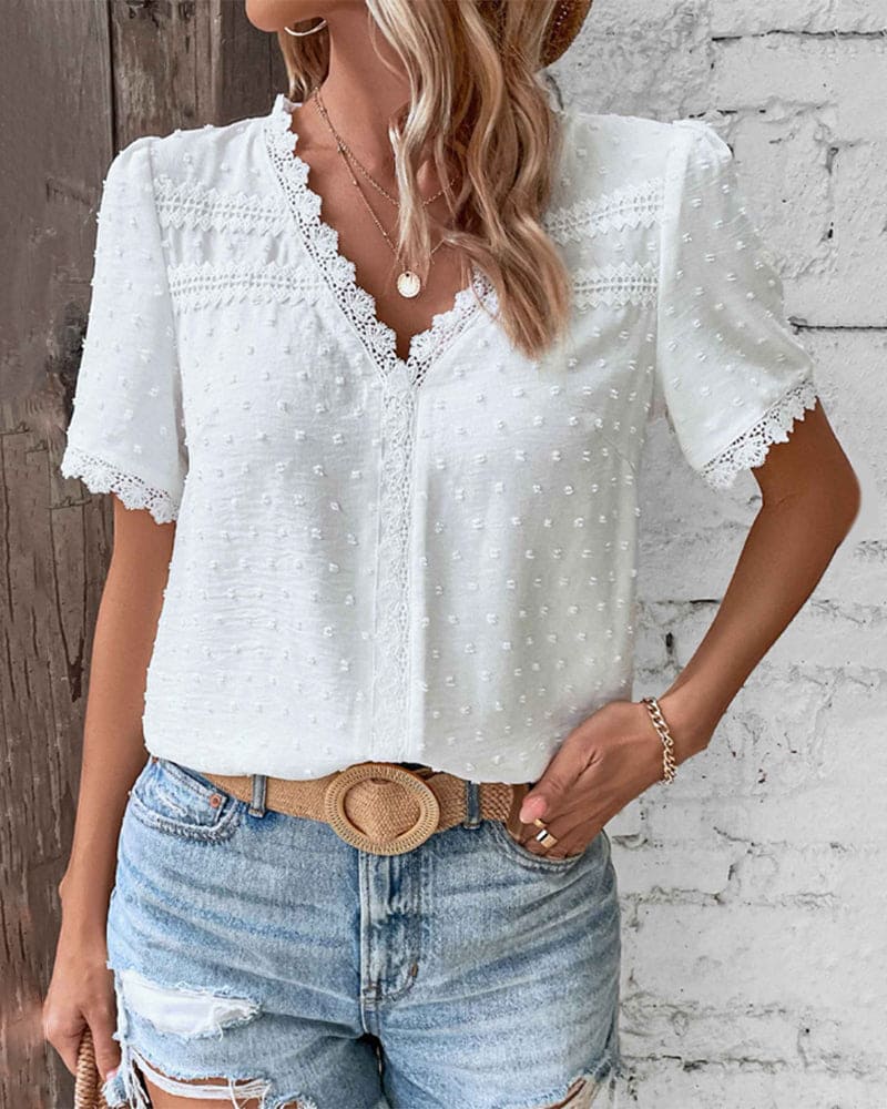 Sophie Blouse Coton Femme – Blouse Vintage avec Dentelle & Manches Bouffantes Élégantes