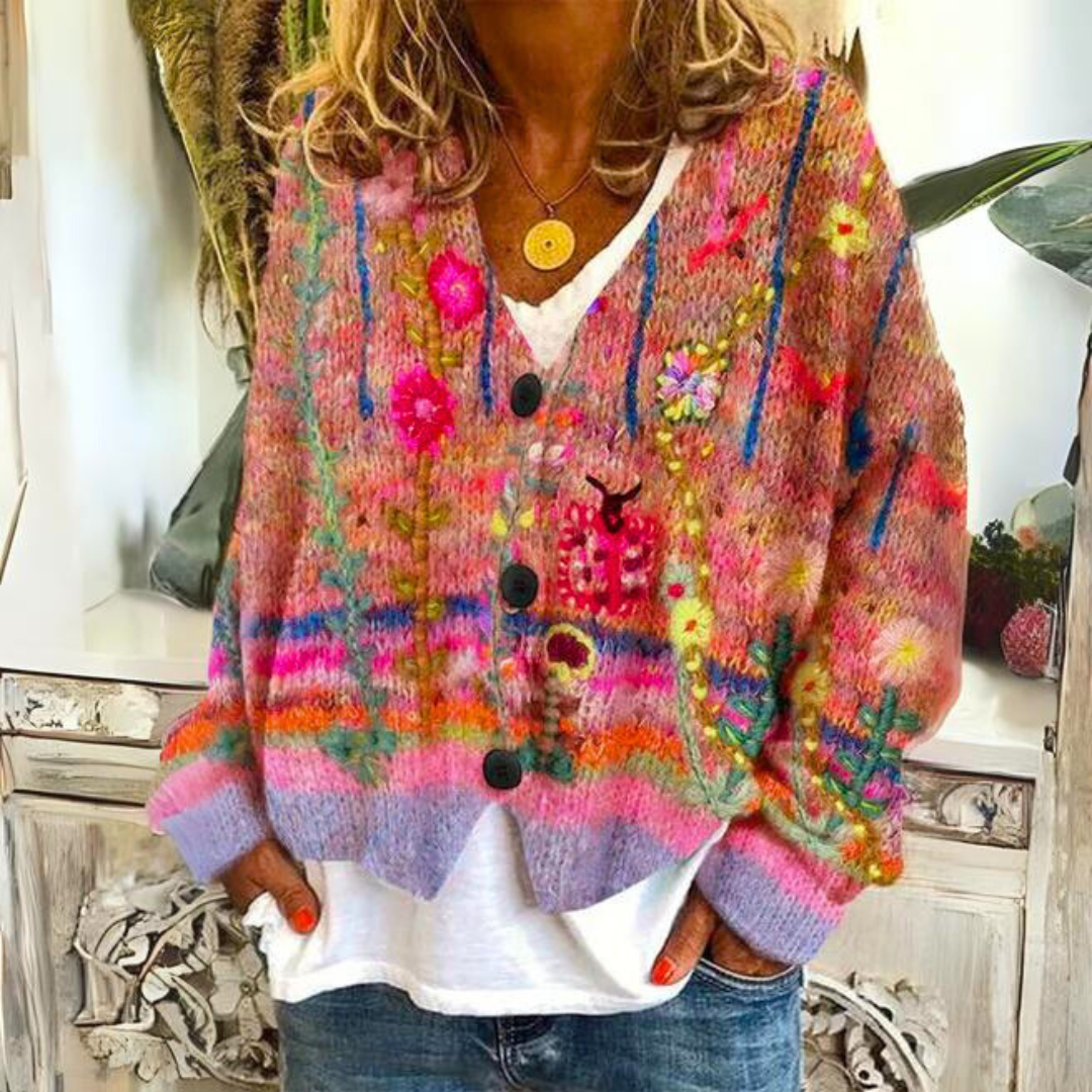 Elisa Cardigan Bohème – mehrfarbiger Cardigan mit Blumenstickerei und weiter Passform