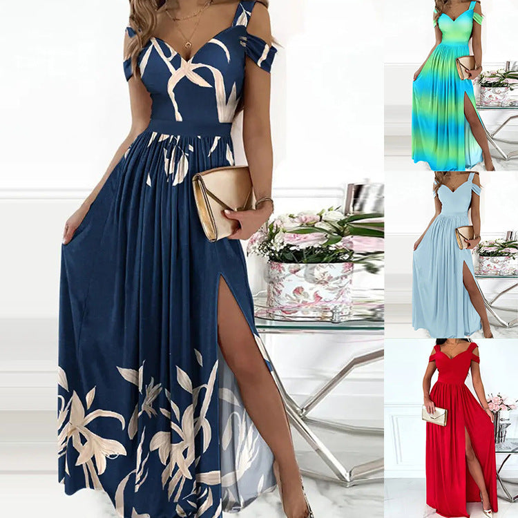 Abito lungo elegante da donna Antonella - Abito con stampa floreale e spalle scoperte e spacco chic