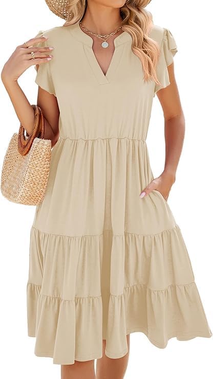 Rochie midi Mila pentru femei – rochie cu decolteu în V, volane, fără mâneci, cu buzunare, pentru vară