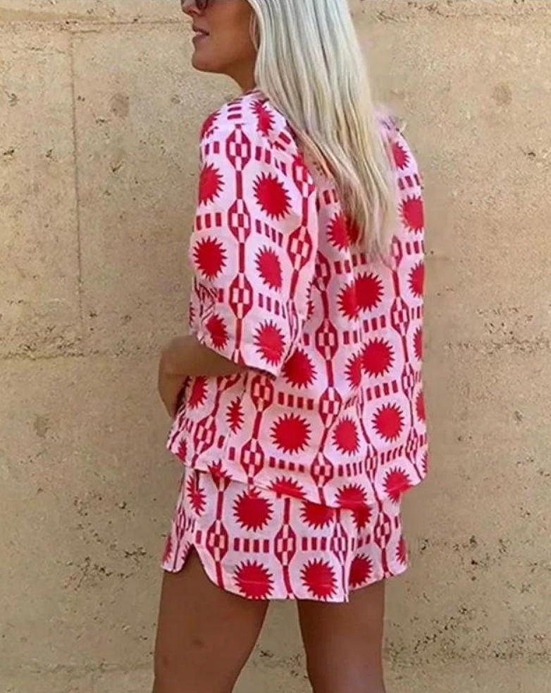 Ensemble Femme Giselle – Set de Verano Dos Piezas en Lino con Estampado Geométrico y Corte Confortable