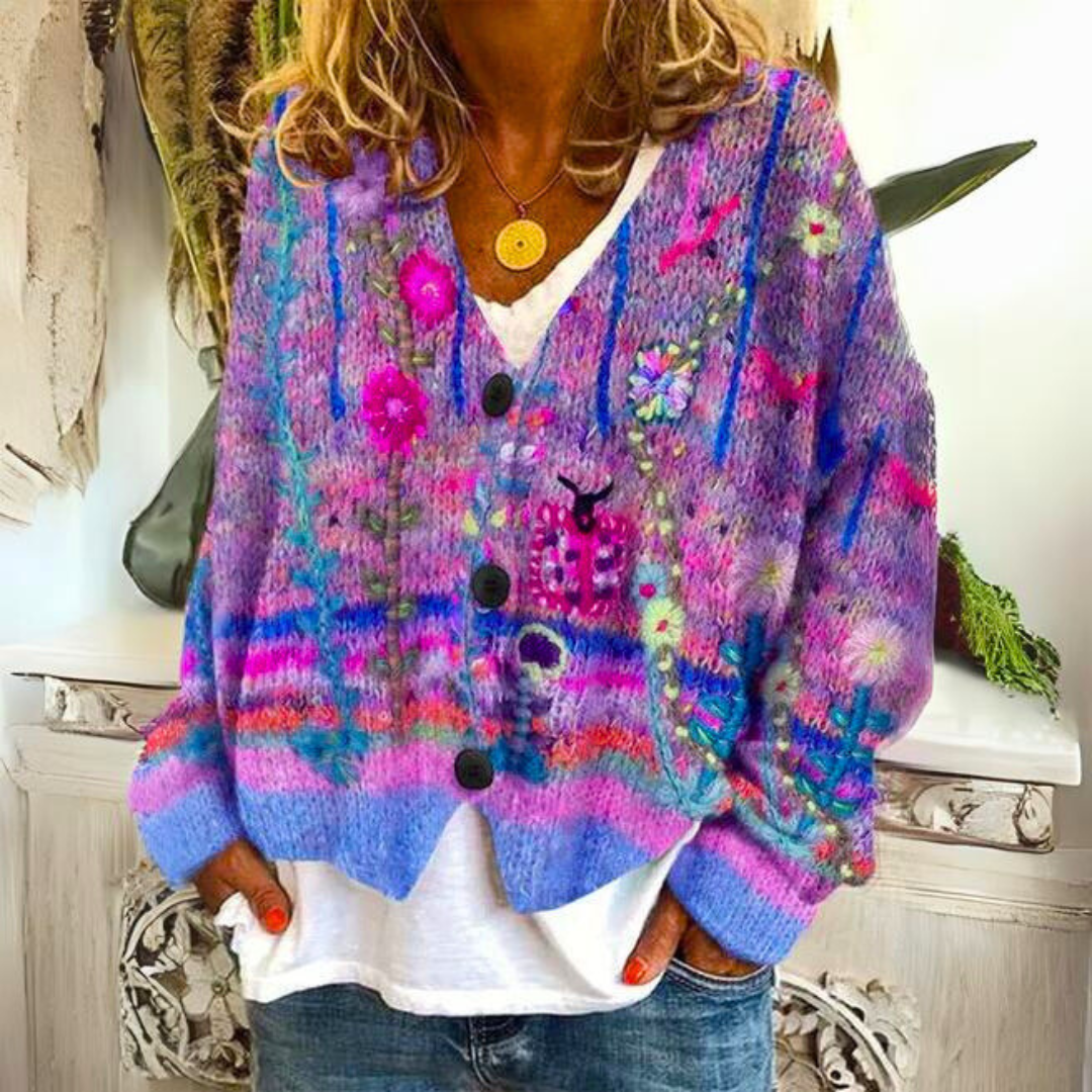 Elisa Cardigan Bohème – mehrfarbiger Cardigan mit Blumenstickerei und weiter Passform