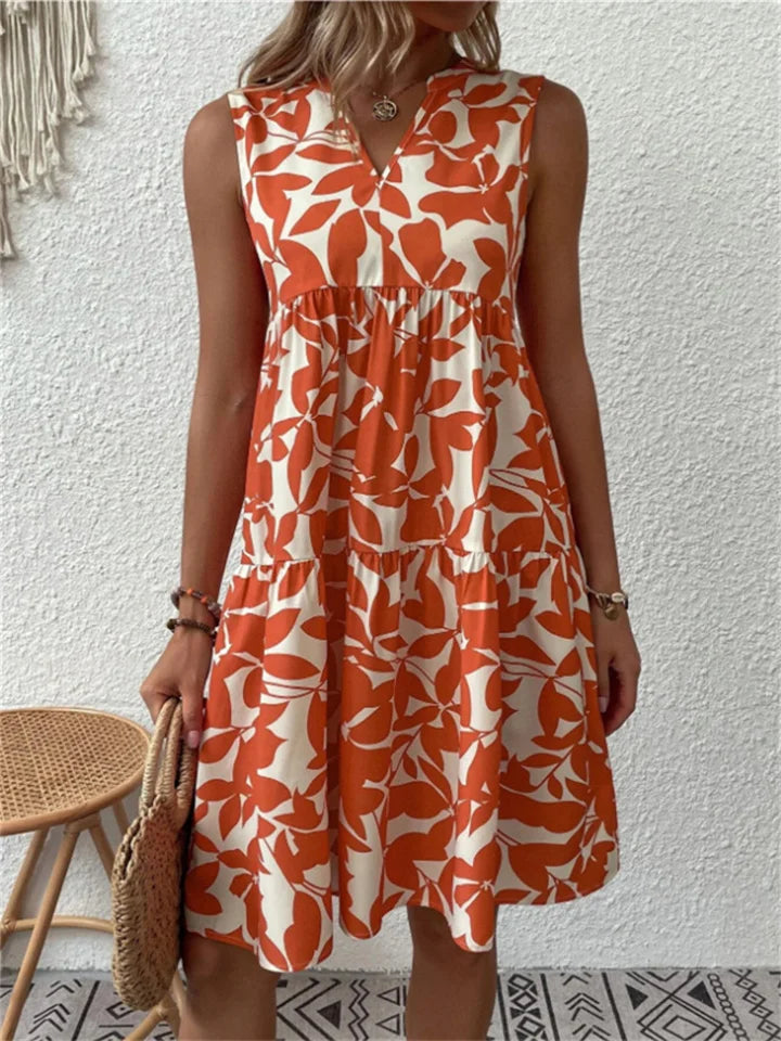 Elenya Robe d'Été Femme – Robe Évasée Légère à Imprimé Fleuri en Coton Mélangé Respirant
