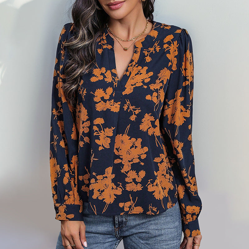 Sadie Bluse Femme – Leichtes Oberteil mit V-Ausschnitt, Print & langen Ärmeln für einen Herbststil