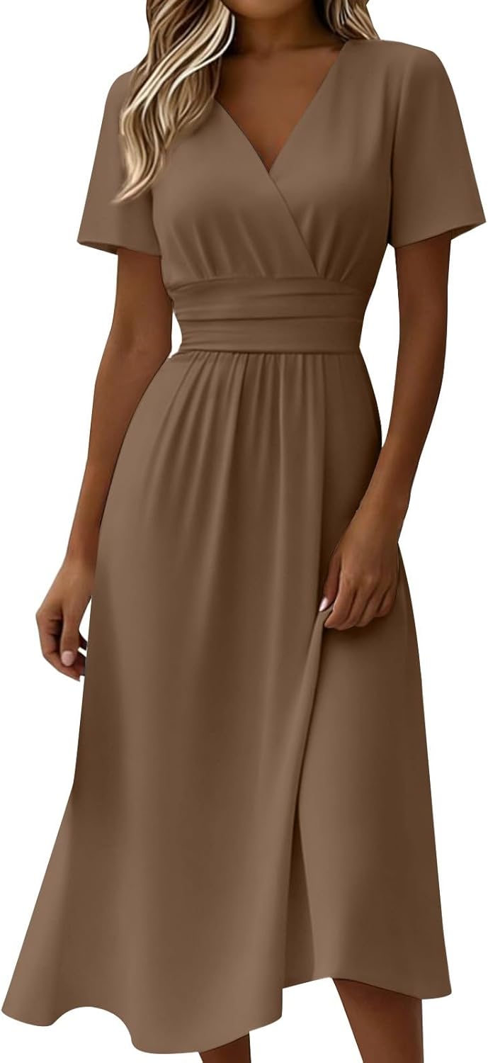 Rochie Claire pentru femei – Rochie midi cu decolteu în V, tip cache-cœur, talie empire, croială în A, elegantă, de vară