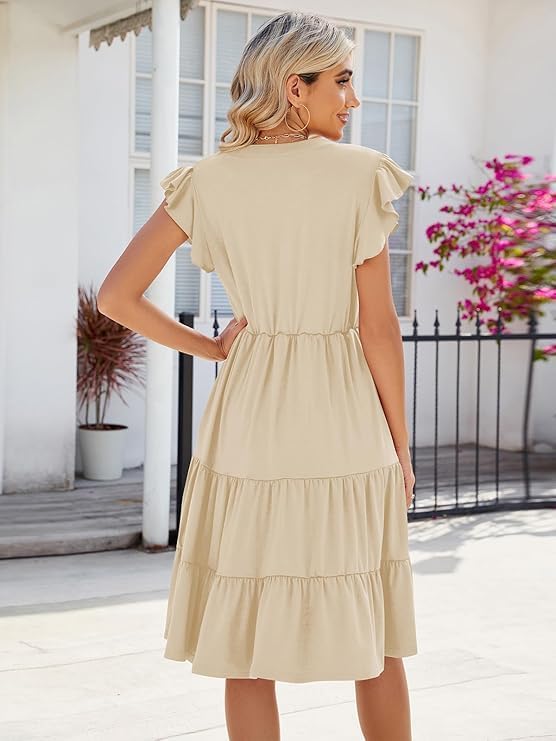 Rochie midi Mila pentru femei – rochie cu decolteu în V, volane, fără mâneci, cu buzunare, pentru vară