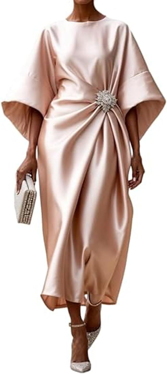Vestito lungo in raso Victoria da donna – vestito elegante con maniche a pipistrello e vita plissettata
