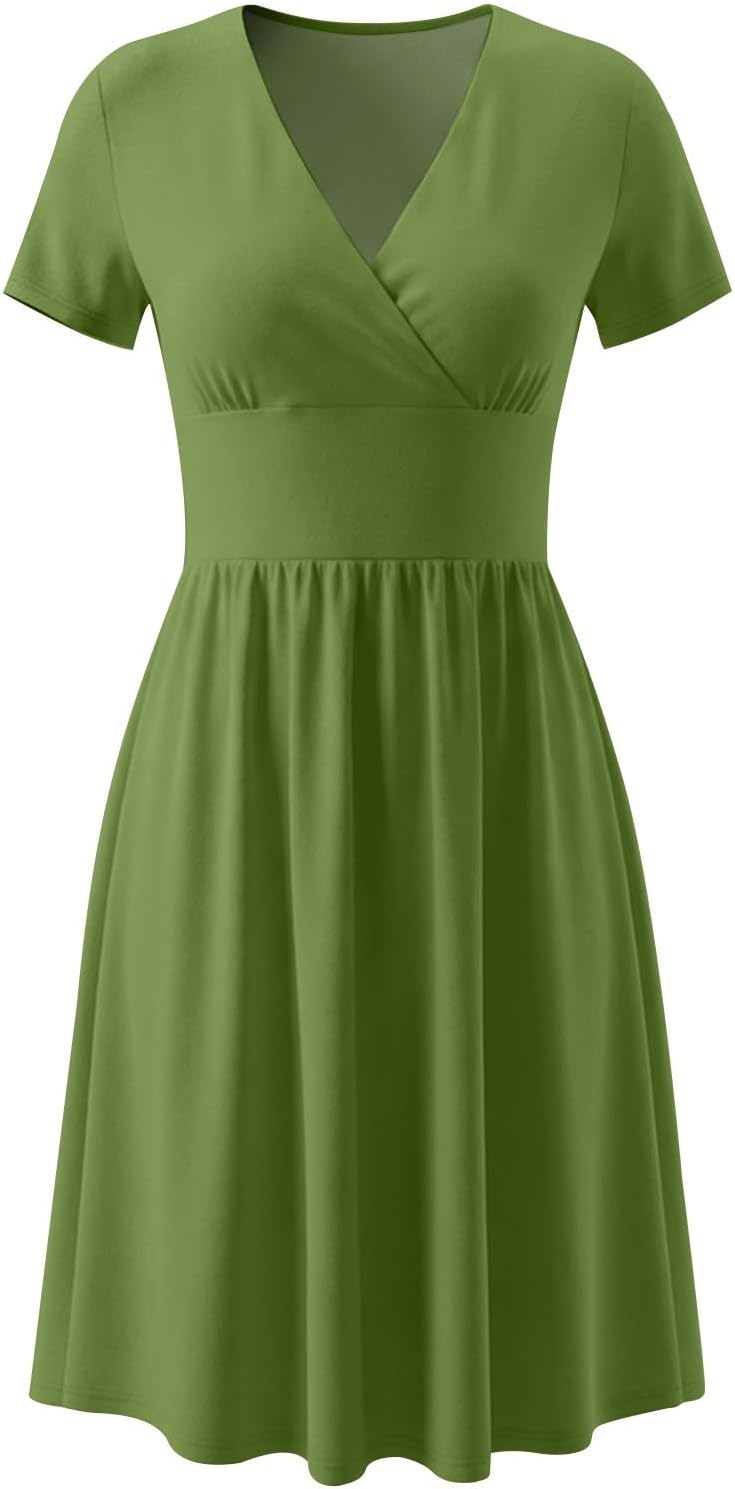 Rochie Clara pentru femei – Rochie midi cu decolteu în V, mâneci scurte, talie înaltă, croială în A, elegantă